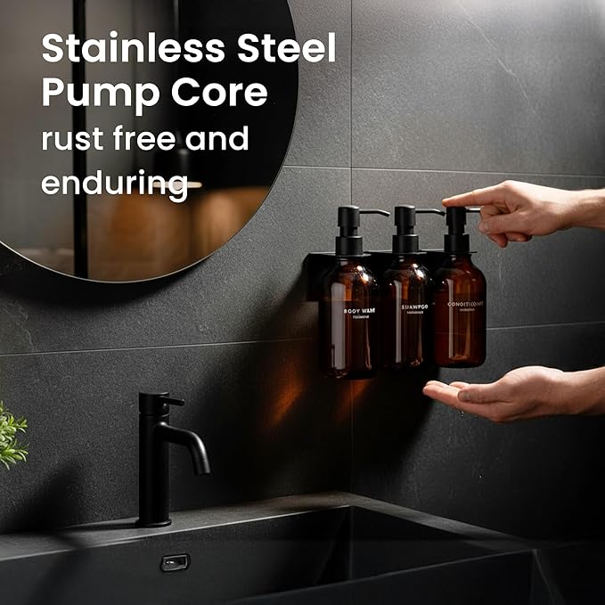 MaisoNovo Shampoo and Conditioner Dispenser - Shower Soap Dispenser Wall Mounted - 16.9 fl oz Set of 3 Amber Plastic Bottles Black Pump - 3 Chamber No Drill