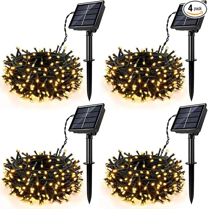 4Pack Solar String Lights for Outside, 400 LED Solar Christmas Lights Outdoor Waterproof with 8 Modes Solar Fairy Lights for Xmas Tree Party Wedding Garden Fence Decorations (Warm White)