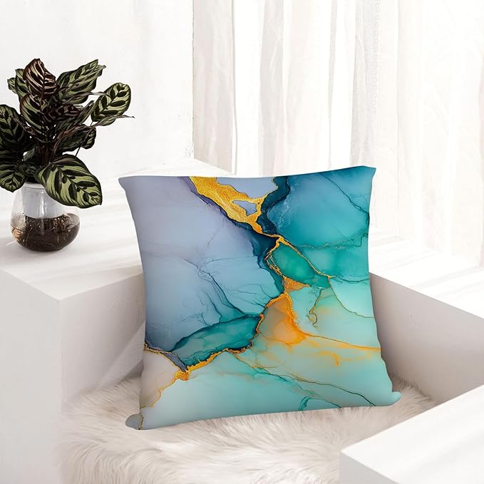 Marble Texture Turquoise Decorative Throw Pillow Covers Teal Gold Pillow Cases for Couch Sofa Chair Livingroom Bedroom Set of 4 18x18 Inch Abstract Modern Cushion Cover