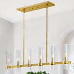 Untrammelife 6-Light Modern Linear Chandelier, 36" Gold Kitchen Island Pendant Lighting with Clear Glass Shade, Adjustable 54" Metal Rod Farmhouse Rectangle Hanging Light Over Table, Dining Room