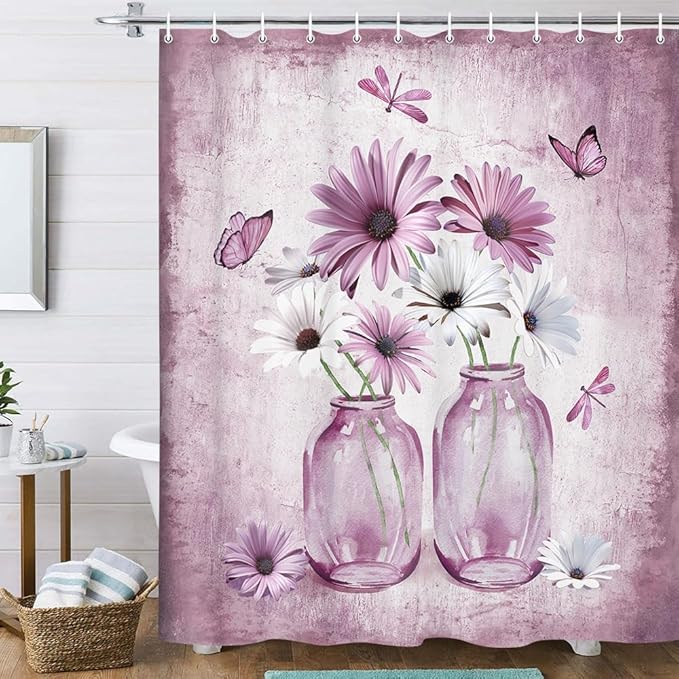 Rustic Farmhouse Pink Floral Shower Curtain, Light Blue Daisy Flowers Butterfly Dragonfly on Abstract Aesthetic Country Wooden Boho Shower Curtain Set, White Bathroom Accessory Sets with Hooks, 70X84