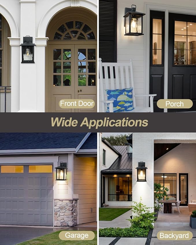 1-Pack Outdoor Porch Light, Matte Black Outdoor Wall Sconce with Water Ripple Glass, Rustproof and Waterproof, Exterior Lantern for House, Patio, Garage, 12" High, Bulb Not Included