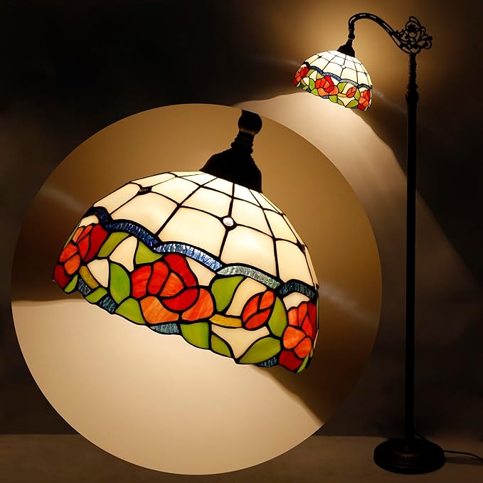 Tiffany Floor Lamp Stained Glass Rose Flower Style Arched Reading Light Gooseneck Adjustable Corner Standing Lamp 12X16X66 Inch for Bedroom Living Room Home Office