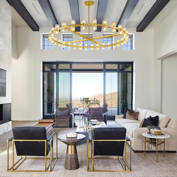 Modern 60 inch Gold Round Chandelier, Extra Large Chandeliers Crystal Chandeliers for Living Room, Large Wagon Wheel Chandelier for Foyer, Staircase, Entrance,Includes Bulb