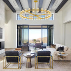 Modern 60 inch Gold Round Chandelier, Extra Large Chandeliers Crystal Chandeliers for Living Room, Large Wagon Wheel Chandelier for Foyer, Staircase, Entrance,Includes Bulb