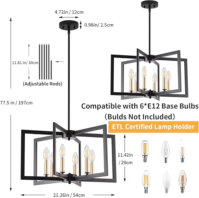 Black Chandelier, Dining Room Light Fixture Geometric Metal Modern Industrial Chandelier Lighting for Farmhouse Living Room Entryway Kitchen (E12 Bulbs Not Included, 6 Light, Black Gold)