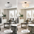 16" Semi Flush Mount Ceiling Light Fixture, Close to Ceiling Light Fixtures with Farmhouse Fabric Linen Shade, Double Drum Black Flush Mount Ceiling Light for Living Room Bedroom Dining Room Kitchen