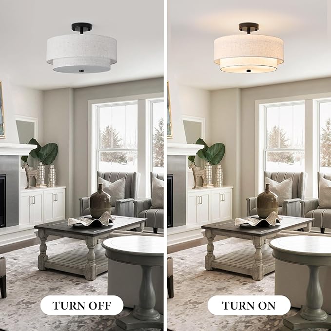 16" Semi Flush Mount Ceiling Light Fixture, Close to Ceiling Light Fixtures with Farmhouse Fabric Linen Shade, Double Drum Black Flush Mount Ceiling Light for Living Room Bedroom Dining Room Kitchen