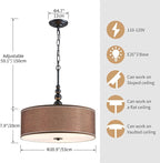 Shrine Lighting Drum Chandeliers, Farmhouse Style, Perfect Drum Pendant Light for Dining Room, D21'' x H8'', Adjustable Chains 59'', E26*3 Sockets, Brown Linen Fabric Lampshade & Black Rod