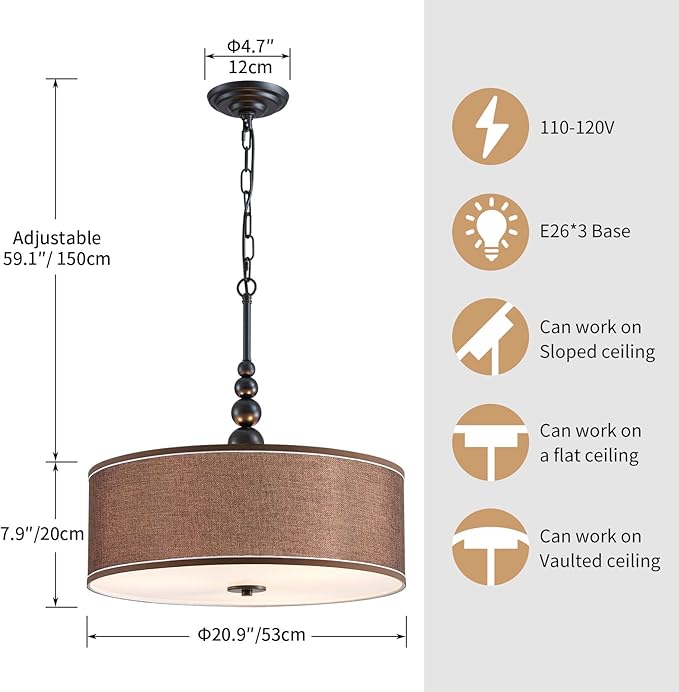 Shrine Lighting Drum Chandeliers, Farmhouse Style, Perfect Drum Pendant Light for Dining Room, D21'' x H8'', Adjustable Chains 59'', E26*3 Sockets, Brown Linen Fabric Lampshade & Black Rod
