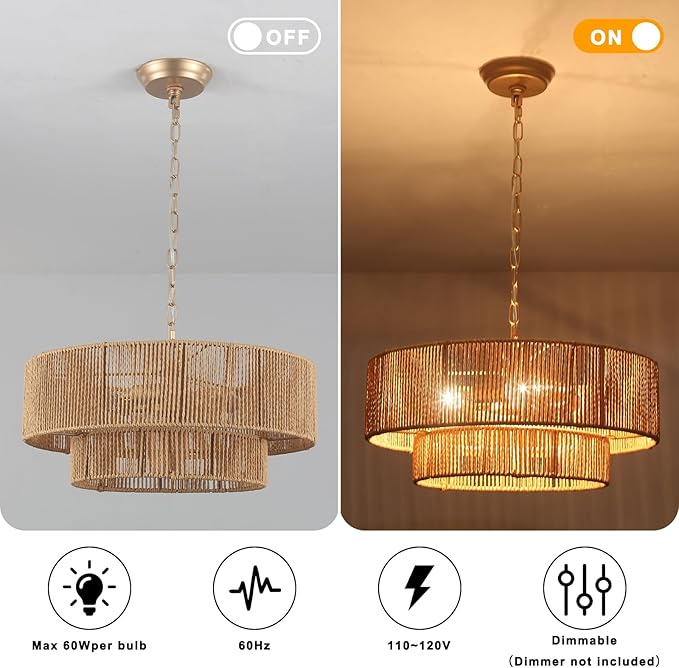 Boho Rattan Chandelier, 17.71” Rattan Pendant Light 4-Light with 2-Tier Hand-Woven Shade, Farmhouse Ceiling Light Fixture Chandeliers for Dining Living Room Bedroom Kitchen Island, UL-Listed