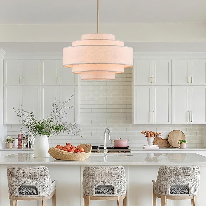 Modern 26" Large Drum Chandelier 6-Lights Vintage Modern Chandelier Light Fixture with Linen Shade Retro Farmhouse Drum Chandeliers for Dining Room, Kitchen Island, Living Room, Bedroom