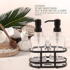 3 Piece Round Heavy Weight Glass Soap Lotion Pump Dispenser Set with Metal Caddy for Home Bath Kitchen Travel Office Hand Crafted Metal Tray Oil Rubbed Bronze