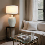 WJShome 27" Farmhouse Ceramic Table Lamp with Unique Ice Pattern Effect and White Linen Shade - Perfect for Bedroom, Living Room, Dining, and Office! (Bulb Not Included)