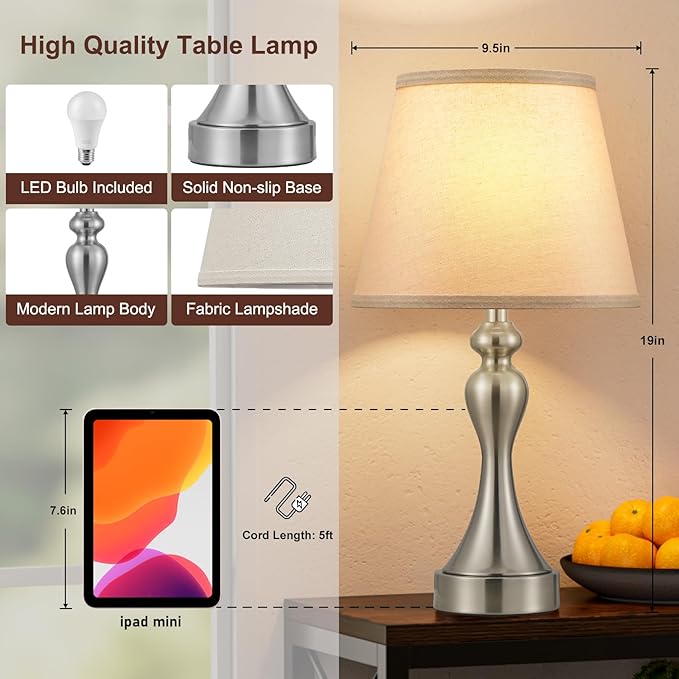 Seealle Touch Lamps for Night Stands - Bedside Lamps Set of 2, 3 Way Dimmable, USB C+A for Bedroom & End Tables (Oat&Nickel)