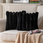 Faux Fur Plush Throw Pillow Covers 20x20 Inch Set of 2 - Luxury Decorative Fuzzy Striped Soft Cozy Pillowcase for Couch, Sofa, Living Room - Black