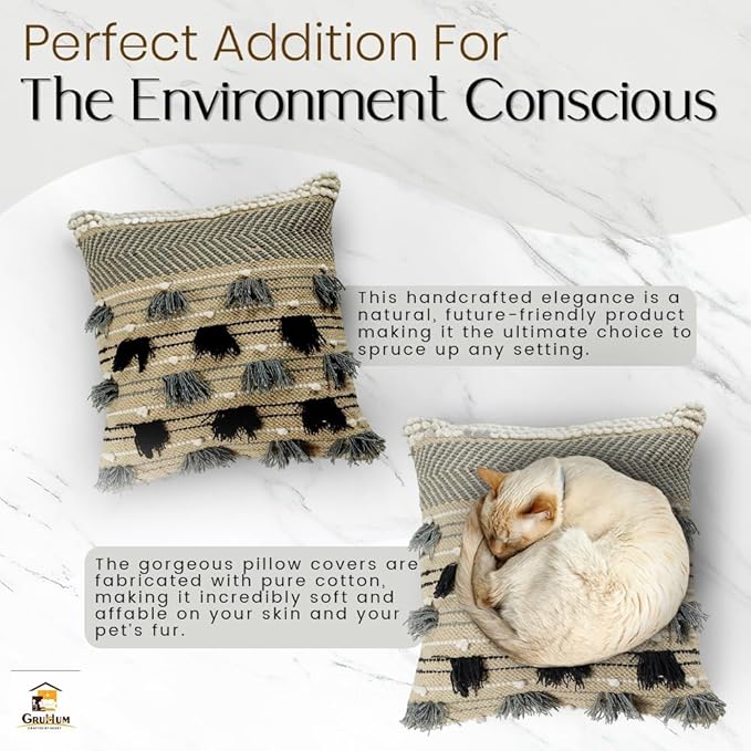 GRUHUM Throw Pillow Covers 18x18 Inch Set of 2 Boho Decorative Handwoven Tufted Cushion Case for Living Room Bedroom Sofa Couch Farmhouse Car Home Decor Cotton Comfy Square Modern 18"x18", Cream/Blue
