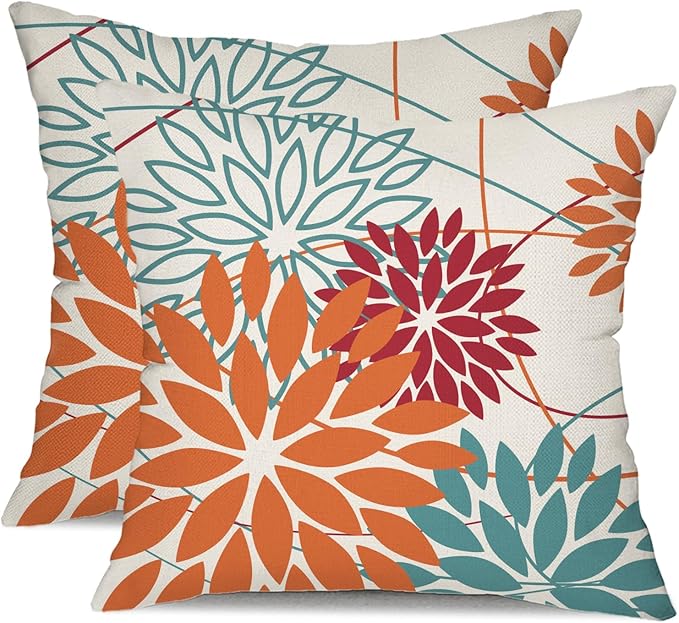 Orange and Red Floral Pillow Covers 16x16 Set of 2 Outdoor Waterproof Decorative Throw Pillows Fall Pillow Covers Polyester Cushion Case Decor for Couch Patio Funiture Garden Porch 01W16