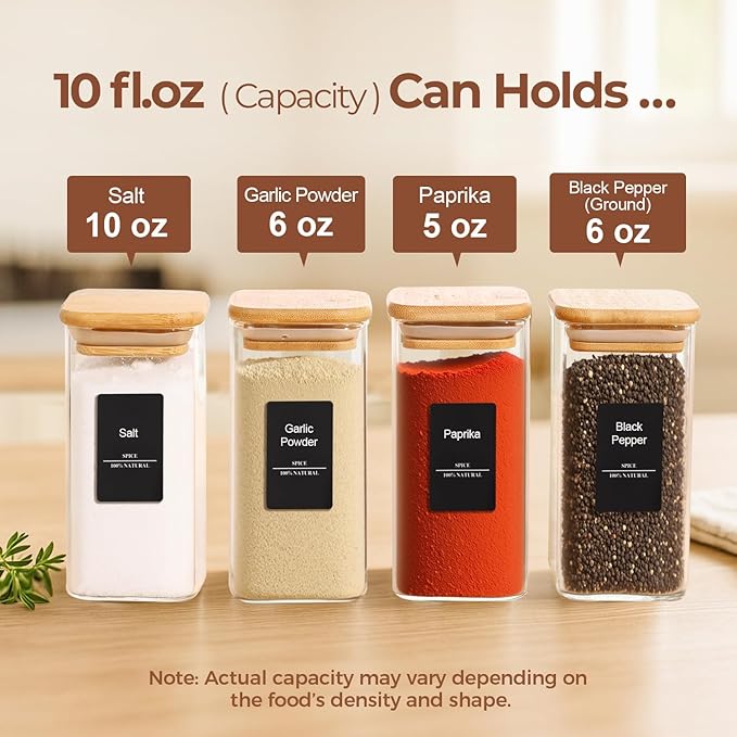 ComSaf 12Pcs Glass Spice Jars with Bamboo Lid, 10oz Airtight Square Containers with 275 Black Lables, Empty Seasoning Jars for Spice Salt Sugar