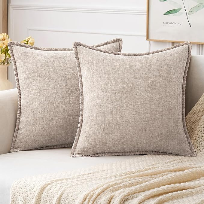 MIULEE Pack of 2 Couch Throw Pillow Covers 20x20 Inch Light Brown Farmhouse Decorative Pillow Covers with Stitched Edge Soft Chenille Solid Dyed Pillow Covers for Sofa Bed Living Room