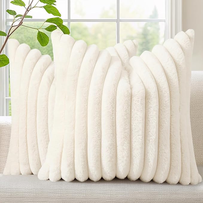 decorUhome Faux Fur Christmas Throw Pillow Covers 24x24 Set of 2, Decorative Soft Plush Striped Neutral Couch Euro Pillow Covers with Velvet Back for Sofa, Bed, Living Room Home Decor, Cream White