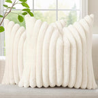 decorUhome Faux Fur Christmas Throw Pillow Covers 20x20 Set of 2, Decorative Soft Plush Striped Neutral Couch Euro Pillow Covers with Velvet Back for Sofa, Bed, Living Room Home Decor, Cream White