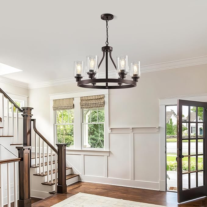 6-Light Farmhose Chandelier for Dining Room Light Fixture Oil Rubbed Bronze Kitchen Pendant Light Round Rustic Ceiling Hanging Lighting with Glass Globes Adjustable Height Metal E26