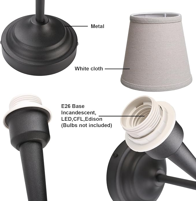 Yosoan Linen Shade Bedside Vanity Wall Sconce Set of 2, Vintage Industrial Hardwired Boho Indoor Wall Mounted with Funnel Textile for Bedroom Stairwell Hallway Bathroom(Black)