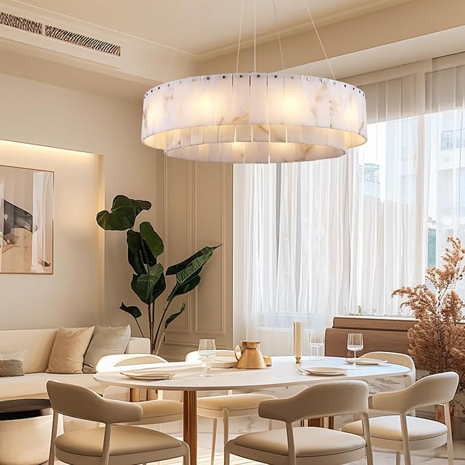 Alabaster Chandelier D31in Spanish Natural Marble Round Chandeliers, 2 Tiers Modern Living Room Chandelier, Alabaster Pendant Light Fixture, Dimmable Chandeliers for Bedroom, Entryway, Foyer