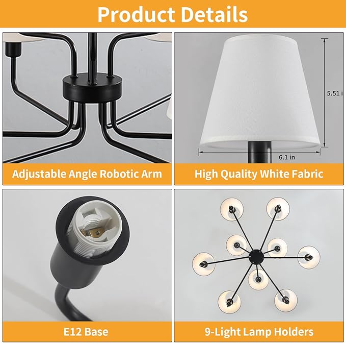 Black Chandeliers for Dining Room with White Fabric Shades,33”Light Fixture Chandelier,9-Lights foyer chandeliers for high ceilings,2 Tiered Lantern Farmhouse Pendant Light for Living Room,Entryway
