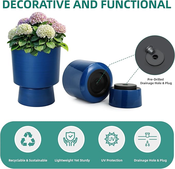 16.75" H Urn-Style Tall Planters, 2-Pack Modern Large Flower Pots for Outdoor Indoor, 2-in-1 Design Plant Containers for Garden Patio Yard Balcony Porch or Home Decor, Cobalt Blue, UV-Protect
