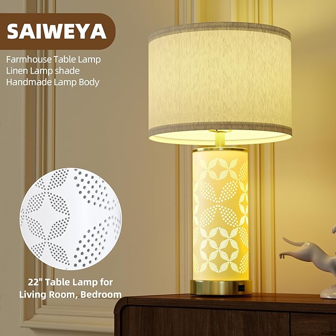 Ceramic Table Lamps Set of 2, UpDown Dual Light with USB C+A, 22"Bedroom Lamp&Beside Lamp with 3 Color Temperature for Bedroom and Living Room, Night Light for Nightstand and Desk Decor (With 2 Bulbs)