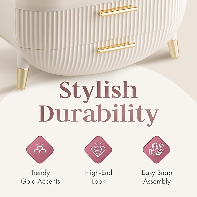 Large Makeup Cosmetic Countertop - Cosmetic Organizer - Vanity, Bathroom Storage for Skin Care Organizer - Space-Saving Design with Drawers - Open-Top, Gold Accents, Portable Side Handles (White)