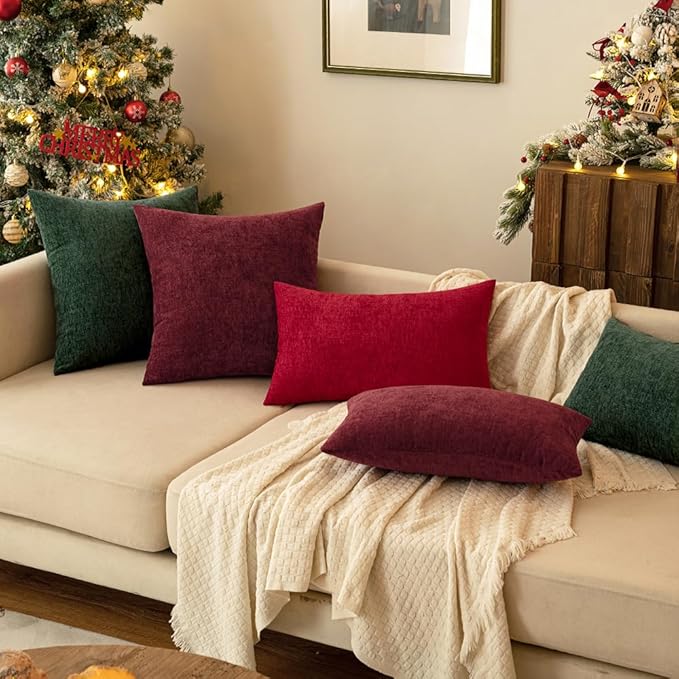 MIULEE Pack of 2 Christmas Couch Throw Pillow Covers 12x20 Inch Soft Wine Red Chenille Pillow Covers for Sofa Living Room Solid Dyed Pillow Cases