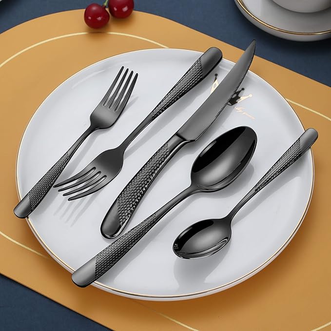 Lemeya 40-Piece Hammered Black Silverware Set for 8 with Serrated Forging Knives,18/10 Stainless Steel Modern Flatware Set,Unique Cutlery Set Spoons and Forks Set,Mirror Polished,Dishwasher Safe
