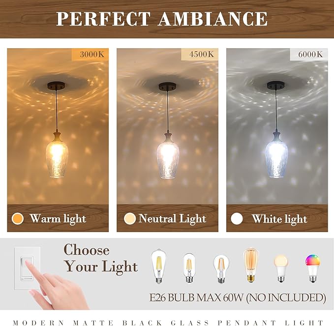 Glass Pendant Lights Kitchen Island, 1-Light Blue Pendant Light Fixtures with Hammered Glass, Modern Farmhouse Hanging Light for Kitchen Sink Dining Room Bedroom, E26