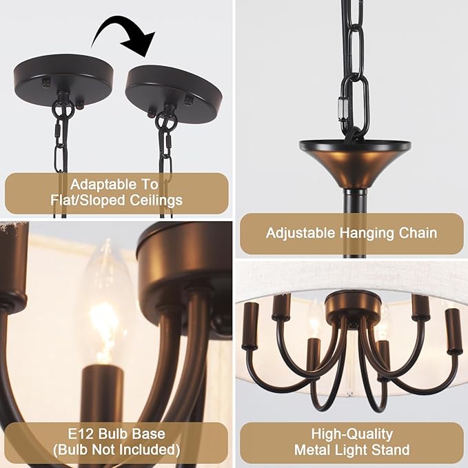 18'' Drum Chandeliers for Dining Room, 6-Light Black Farmhouse Chandelier Linen Drum Light Fixture, Round Chandelier Hanging Pendant Lighting for Bedroom Living Room Foyer