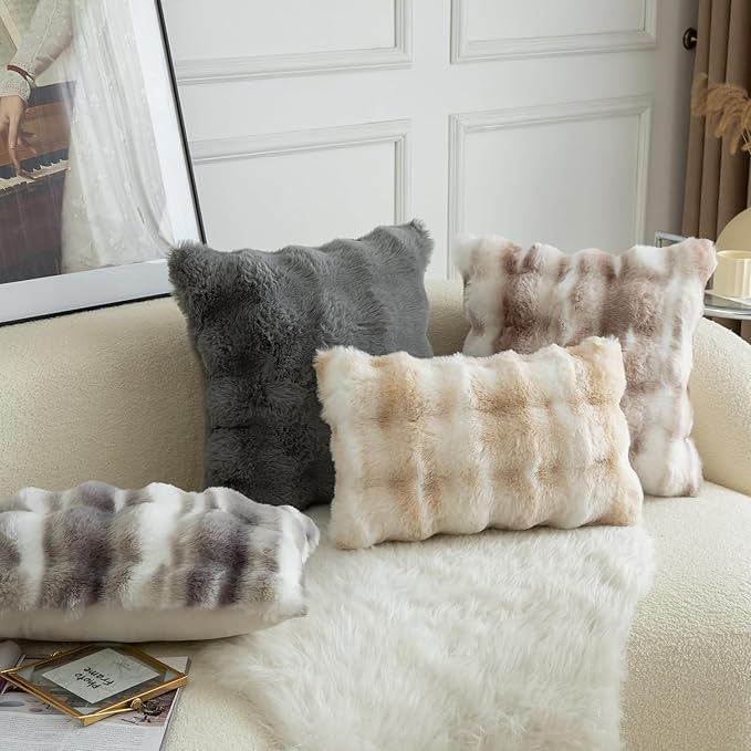 MANDIOO Pack of 2 Thick Plush Wool Decorative Throw Pillow Covers Super Soft Wave Bubble Fur Velvet Cushion Covers Pillow Shams for Couch Bed Living Room 18x18 Inch White Gray