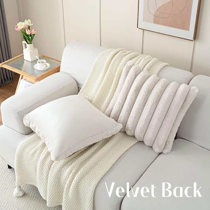 FUTEI Beige Decorative Throw Pillow Covers 24x24 Inch Set of 2, Square Soft Faux Rabbit Fur Big Striped Pillow Sham,Home Decor for Couch Sofa Bed Living Room