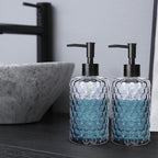 Clear Charcoal Blue Glass Soap Dispenser with Pump, 16oz Honeycombed Design Hand Soap Dispenser, Refillable Lotion & Dish for Dishwashing Liquid, Lotion