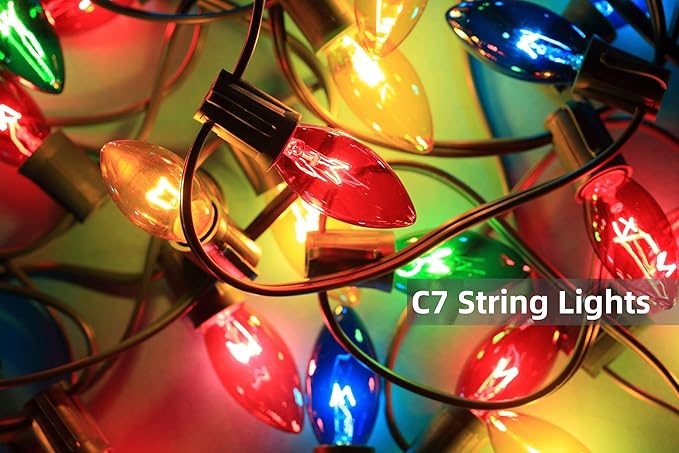 C7 Christmas String Lights-25Ft Vintage Christmas Lights with 27 Multicolor C7 Light Bulbs (2 Spare),C7 Christmas Lights Outdoor for Christmas Party Backyard Wedding- Green Wire