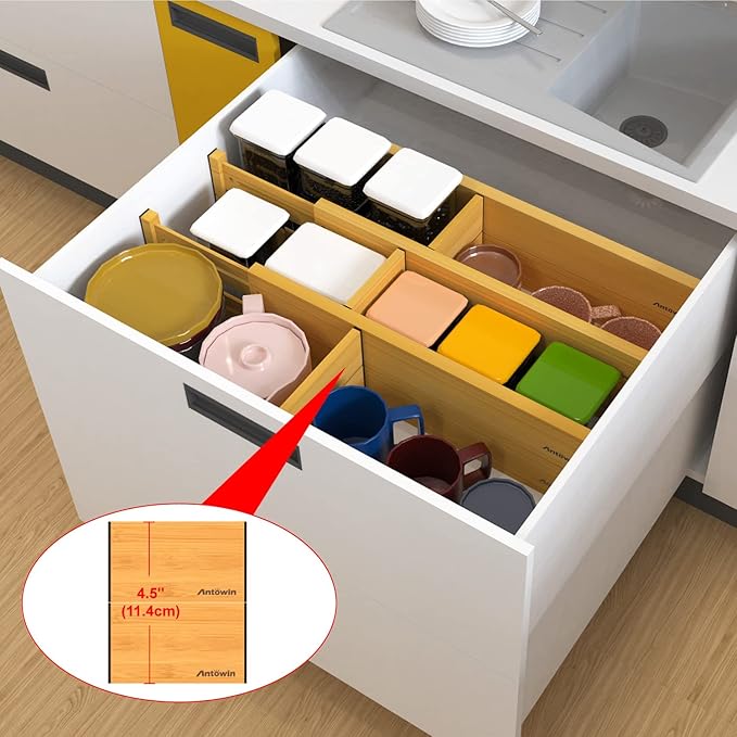 ANTOWIN Bamboo Drawer Dividers Organizers 16pcs, Expandable Drawer Separators Splitter, 17-22 inches Long Adjustable Spring-loaded Organizer for Large Utensil, Clothes, Tools Drawers (8+8)