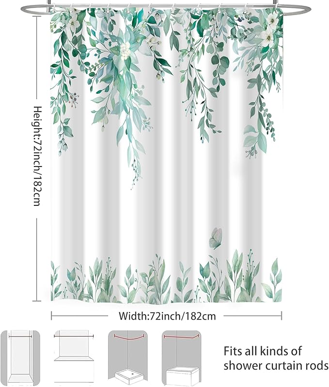 Eucalyptus Shower Curtain, Teal Watercolor Leaves with Floral Botanical Bathroom Decor, Waterproof Fabric Bath Curtain Set with Hooks, 72x72 Inches
