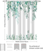 Eucalyptus Shower Curtain, Teal Watercolor Leaves with Floral Botanical Bathroom Decor, Waterproof Fabric Bath Curtain Set with Hooks, 72x72 Inches