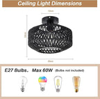 Boho Rattan Ceiling Light Fixture, Mini Rattan Chandelier Lighting Fixture, Hand Woven Ceiling Light Fixtures for Hallway Bedroom Kitchen Entryway Living Room (Black)