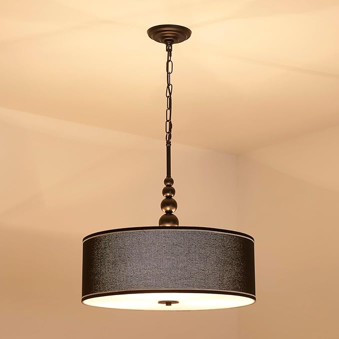 Shrine Lighting Drum Chandeliers, Farmhouse Style, Perfect Drum Pendant Light for Dining Room, D21'' x H8'', Adjustable Chains 59'', E26*3 Sockets, Black Linen Fabric Lampshade & Black Rod