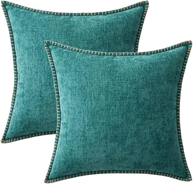 MIULEE Pack of 2 Couch Throw Pillow Covers 16x16 Inch Teal Farmhouse Decorative Pillow Covers with Stitched Edge Soft Chenille Solid Dyed Spring Pillow Covers for Sofa Bed Living Room