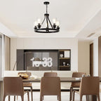 Farmhouse Chandelier Lighting Round 5 Lights Black with Glass Shade Ceiling Hanging Vintage Rustic Light Fixture for Dining Room Living Room Foyer Porch Kitchen Island
