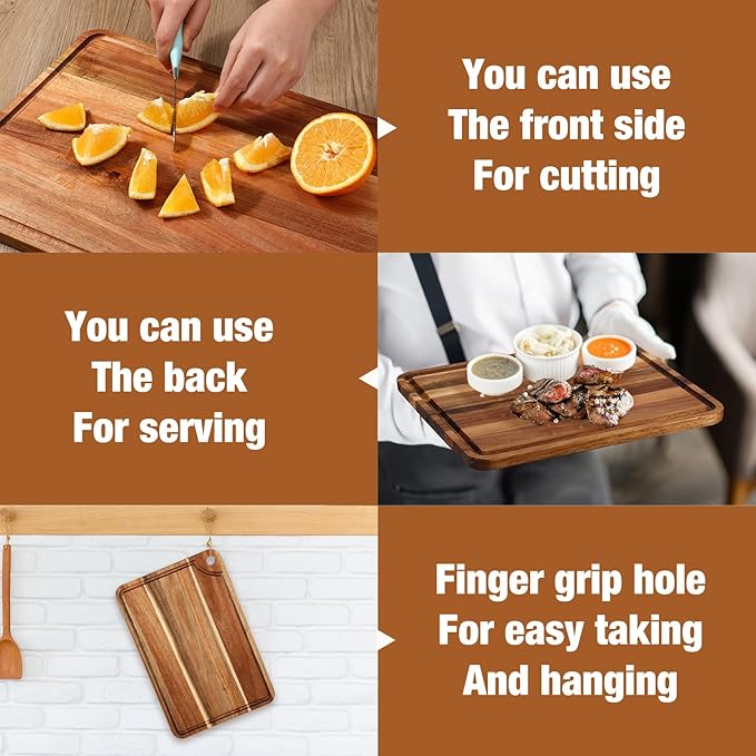 Yungyan Acacia Wood Cutting Boards for Kitchen Set of 5 Large Thick Chopping Board with Juice Groove Cheese Charcuterie Tray Butcher Wooden Block Trays for Meat Fruits Vegetables, 5 Sizes