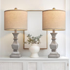 PoKat 20.5'' Table Lamps Set of 2, Vintage Bedside Lamps for Bedroom, Farmhouse Lamp for Living Room, Small Lamp for Nightstand, Retro Side Table Lamp, Grey